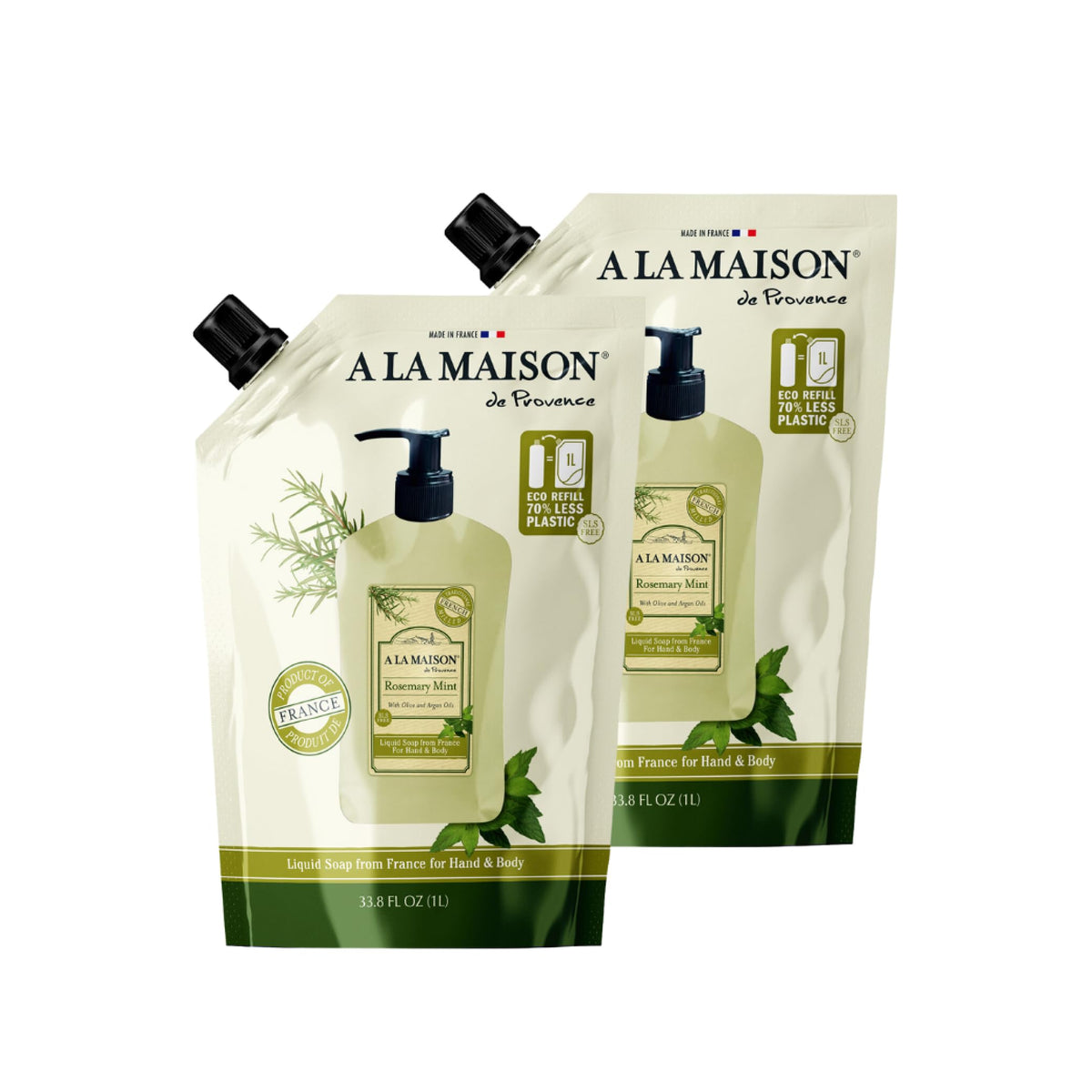 A LA MAISON front packaging showing two 33.8 fl oz refill bottles and brand clarity