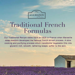 A LA MAISON label detail highlighting Marseille recipe and plant-based ingredients for trust