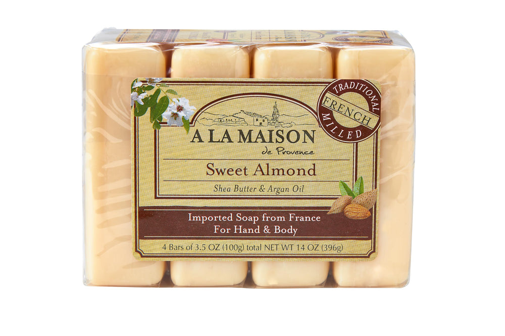 A LA MAISON front packaging showing four sweet almond soap bars and benefits