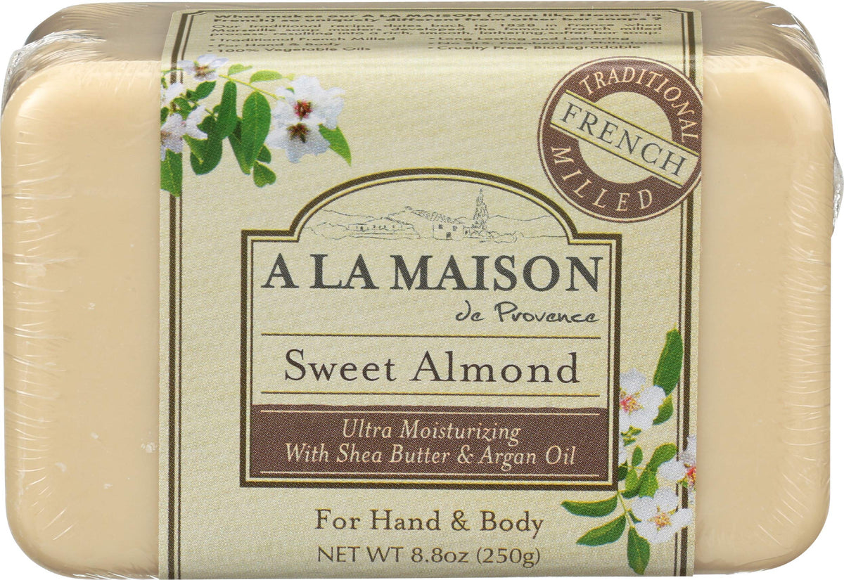 A LA MAISON front packaging showing Sweet Almond bar and elegant box, luxury appeal