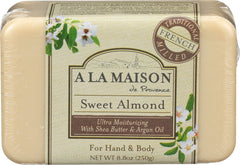 A LA MAISON front packaging showing Sweet Almond bar and elegant box, luxury appeal