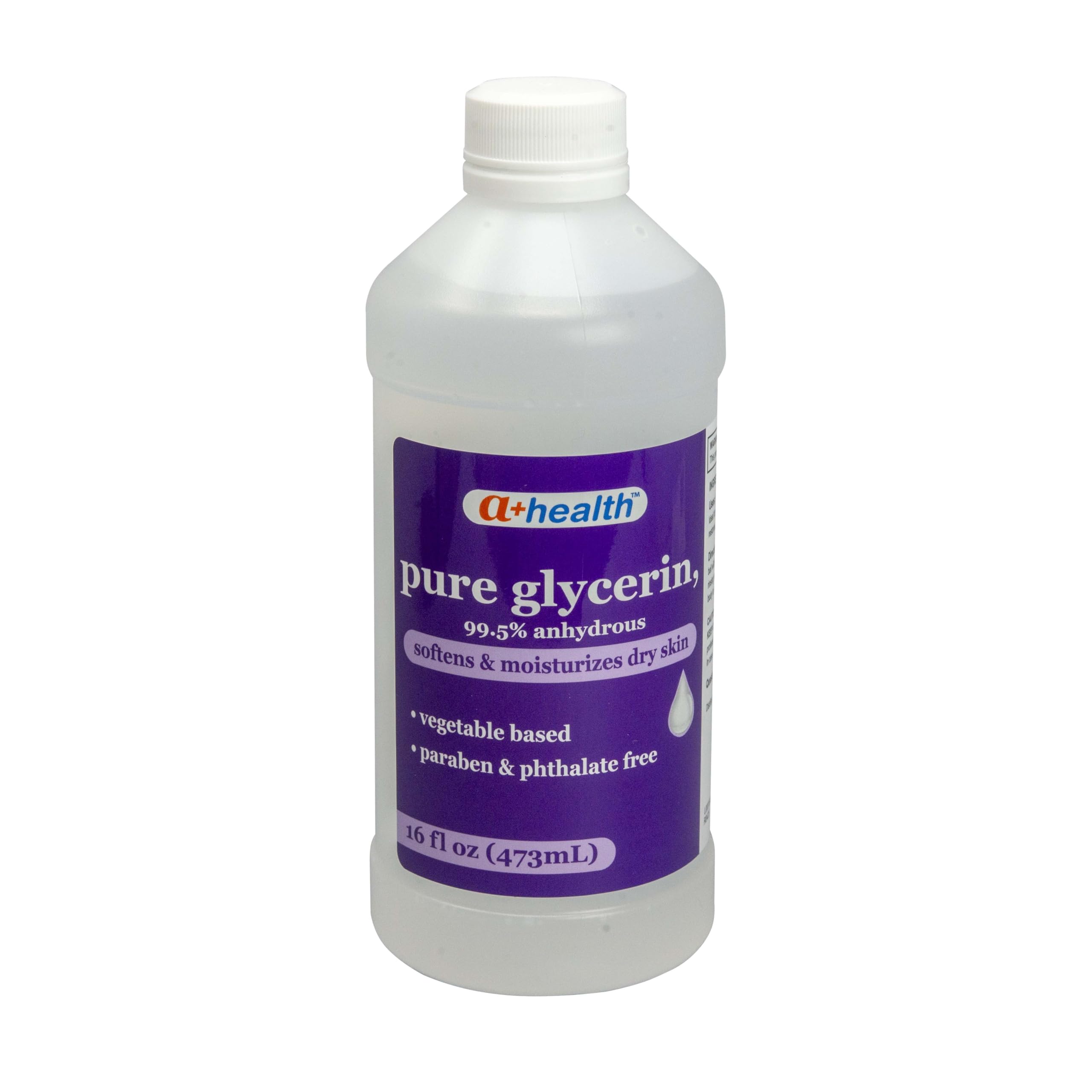 A+Health front packaging of 16 oz glycerin showing clear bottle and label, hydrating benefit