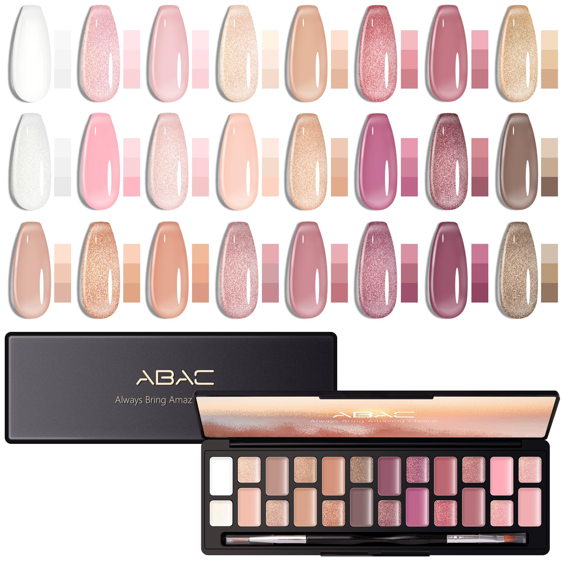 ABAC solid jelly gel palette front view showing 24 nude pink shades and compact layout benefits
