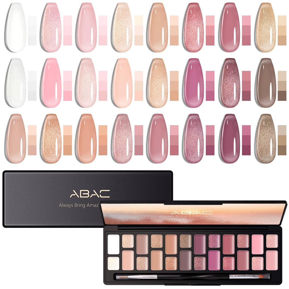 ABAC solid jelly gel palette front view showing 24 nude pink shades and compact layout benefits