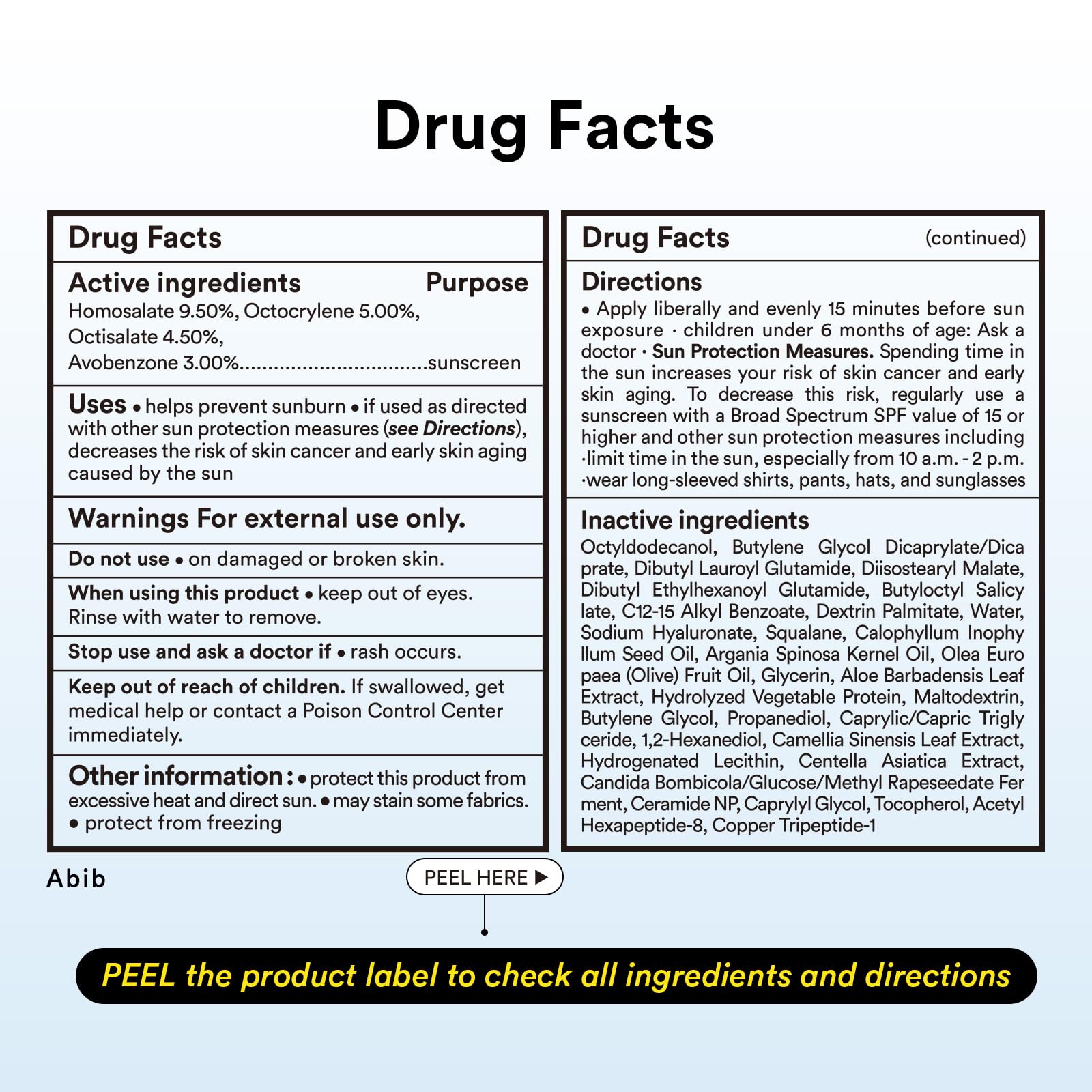 Abib back label with usage instructions and SPF50+ broad spectrum note