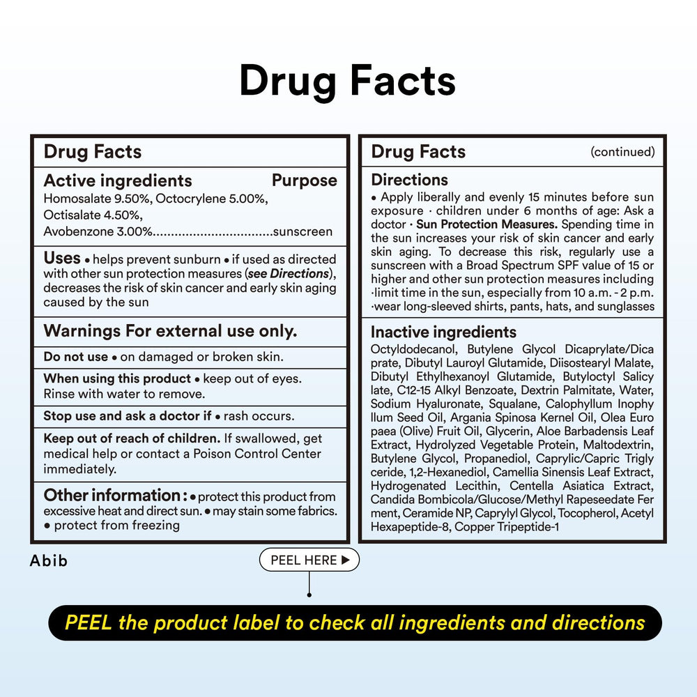 Abib back label with usage instructions and SPF50+ broad spectrum note