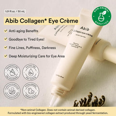 Abib tube label of the non-animal collagen eye cream, clear ingredient focus