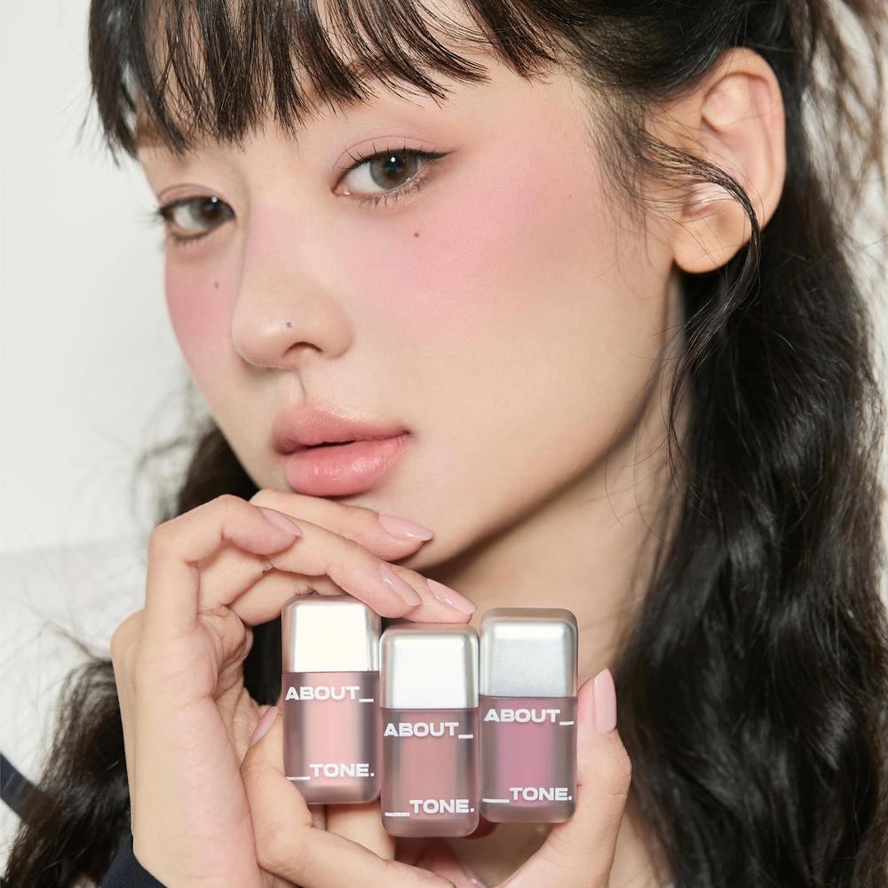 about tone lifestyle flatlay with blush in makeup bag for everyday convenience