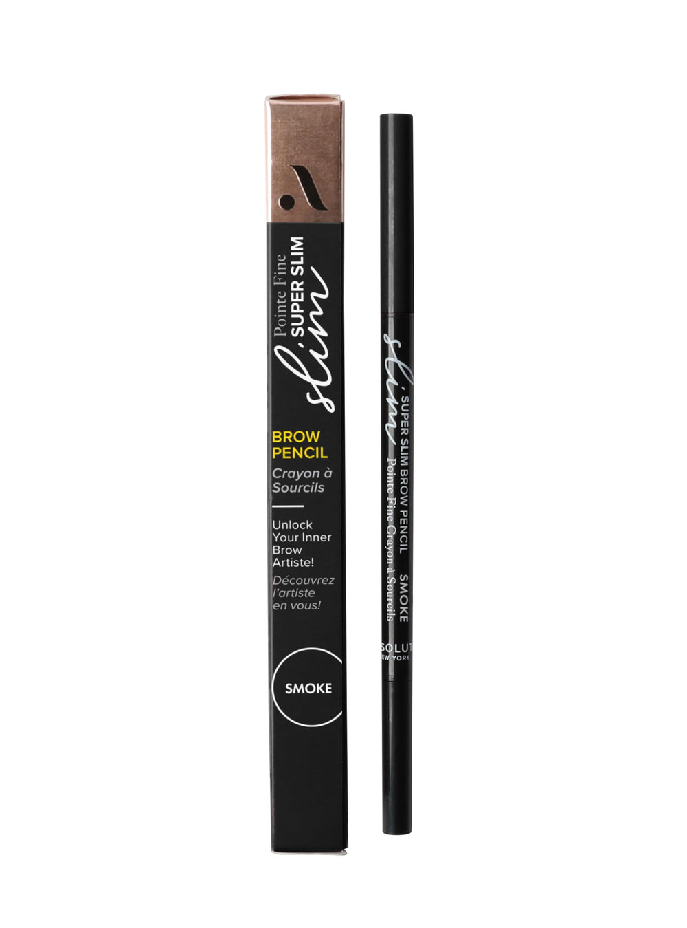 Absolute New York brow pencil front view showing dual-ended design and benefits