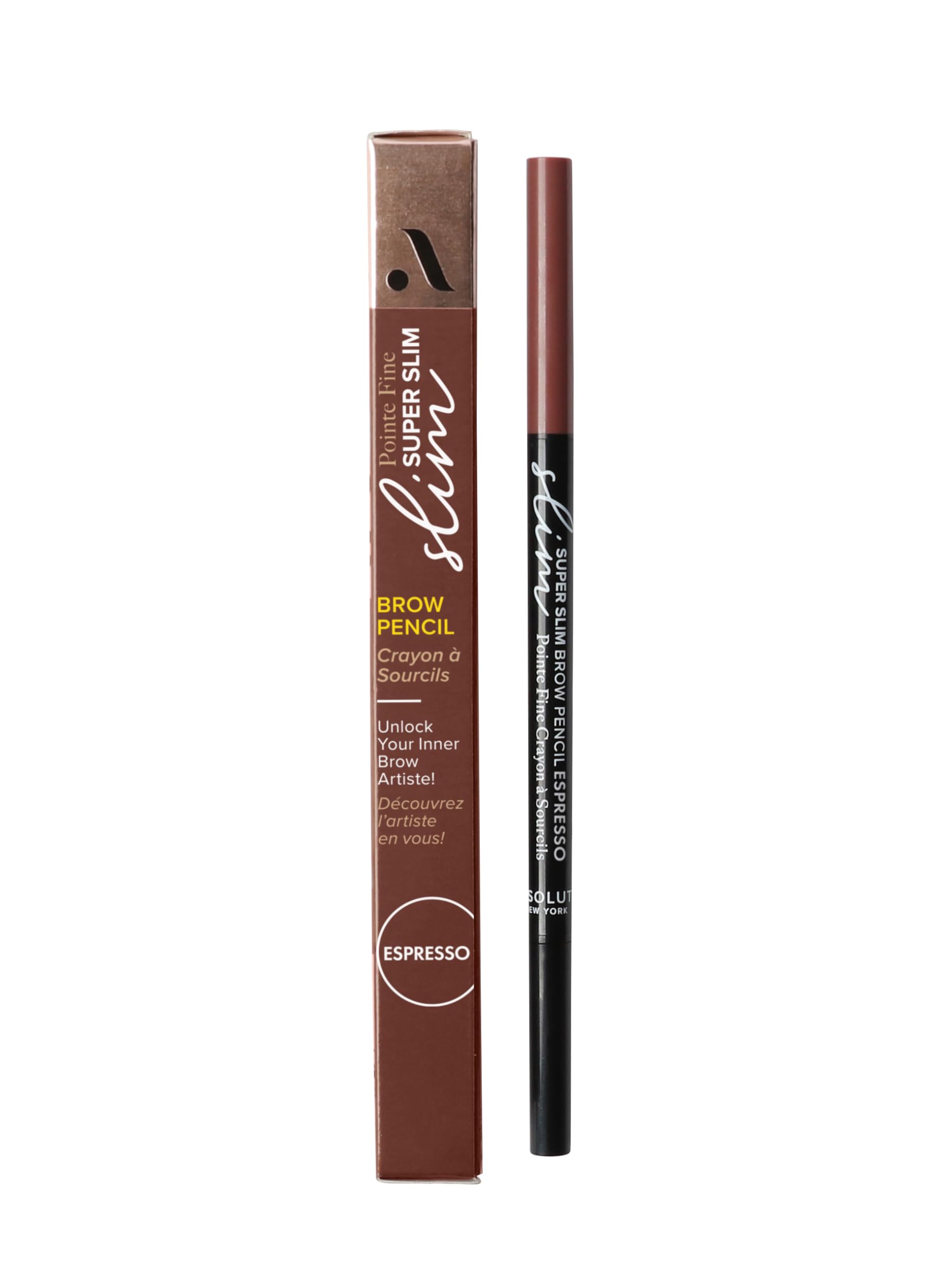 Absolute New York brow pencil front view showing dual-ended design and color benefits