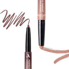 Absolute New York dual-ended product displayed to show lipstick and liner ends for convenience