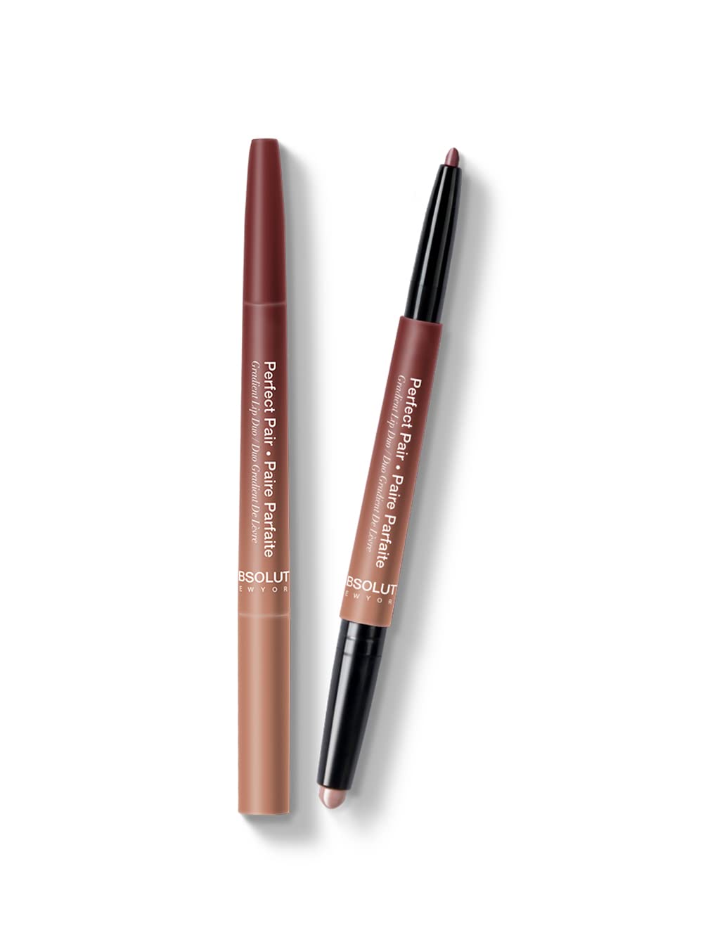 Absolute New York front packaging showing dual-ended lip duo, neat and travel-ready