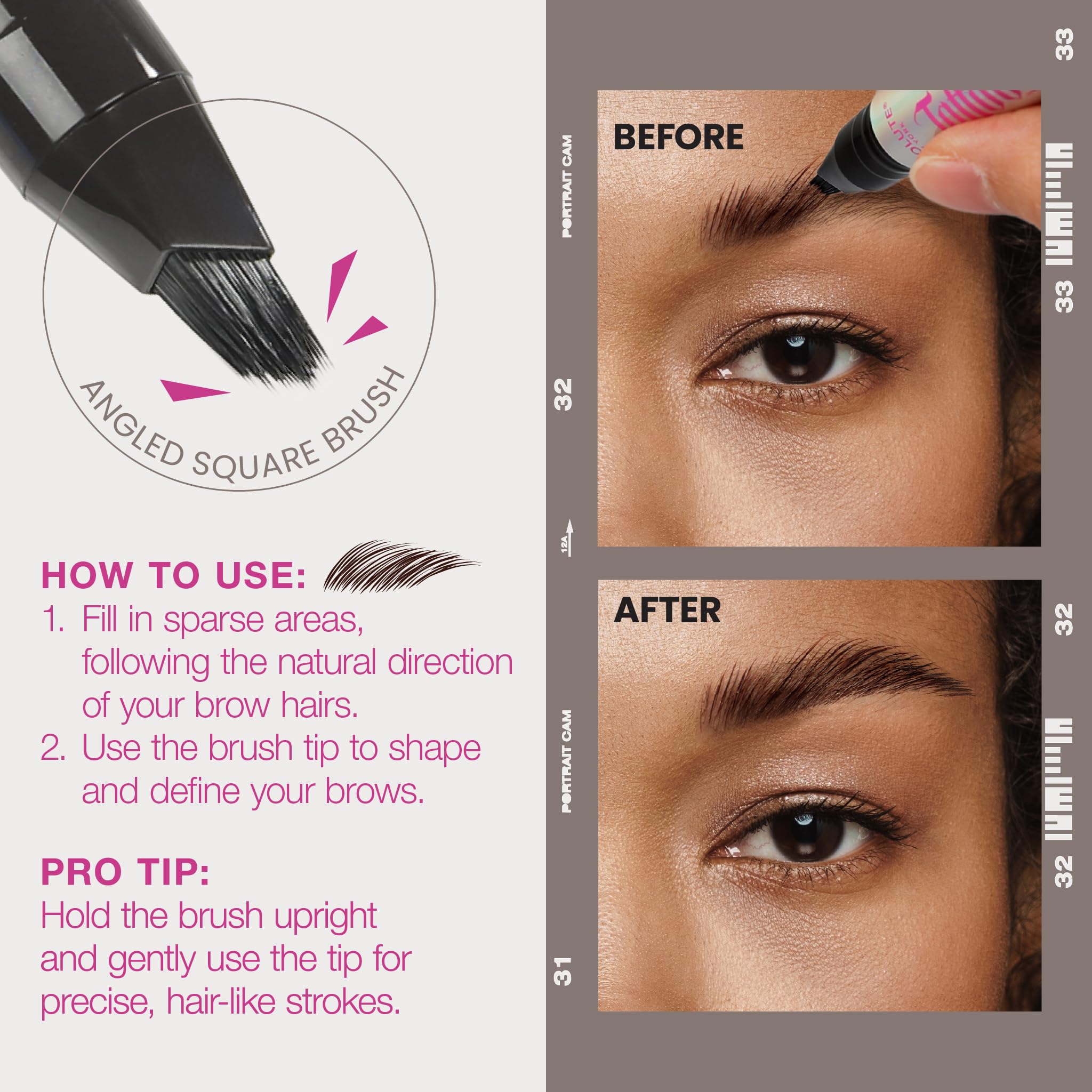 Absolute New York brow pen in use drawing fine, natural-looking strokes for definition