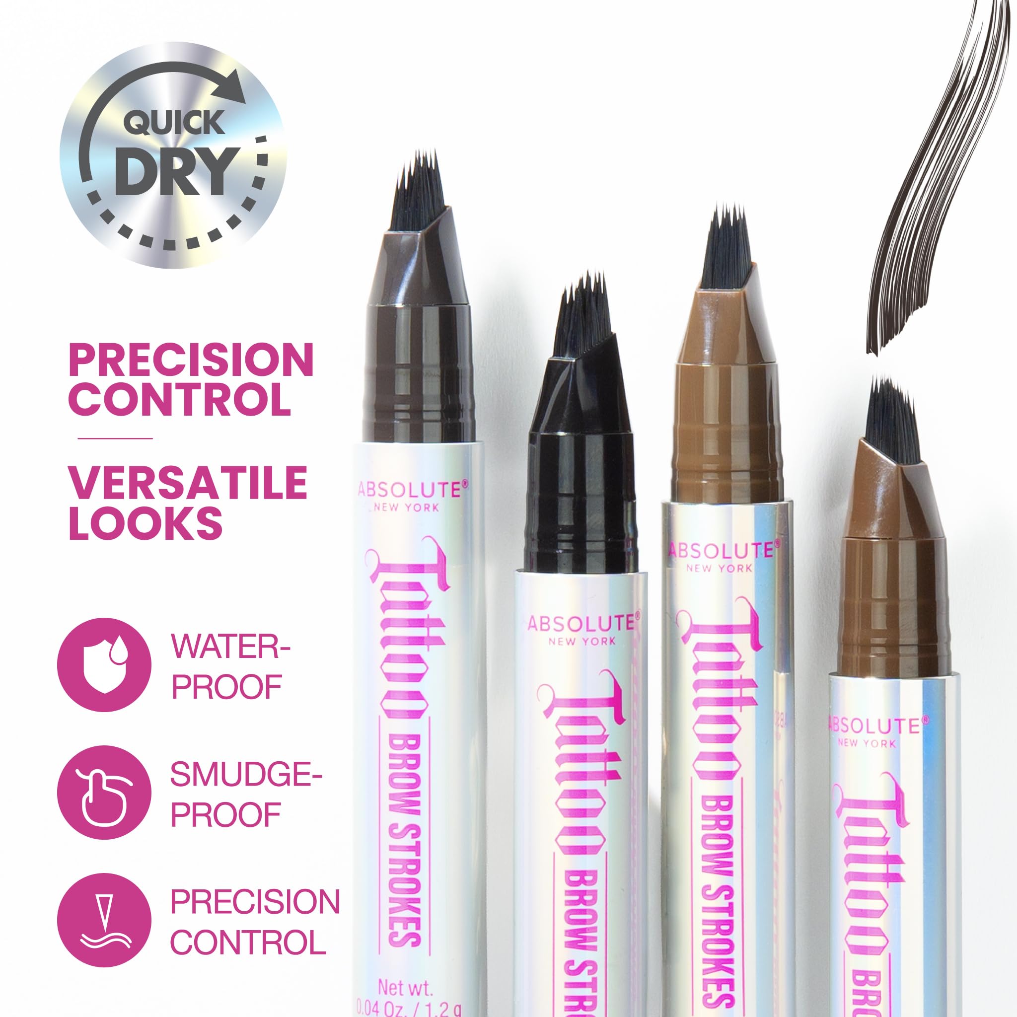 Absolute New York ink swatches on skin showing buildable dark brown pigmentation