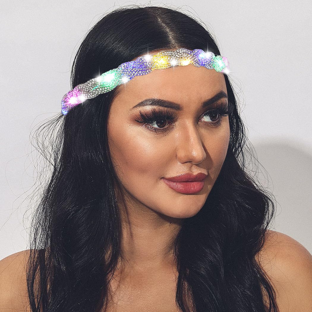 ACEDRE front view headband showing sparkling rhinestones and LED glow for bold style