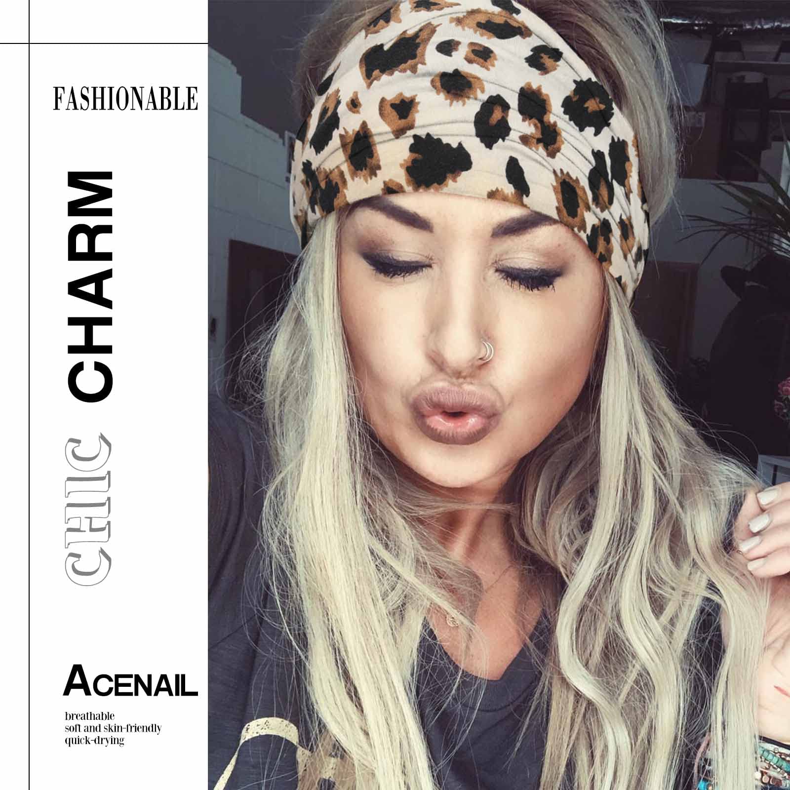 Acenail model wearing leopard headband while doing yoga demonstrating non-slip performance