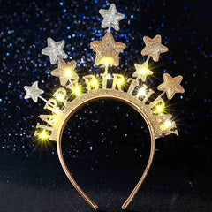 Aceorna gold headband front view shows glitter crown and LED lights to dazzle