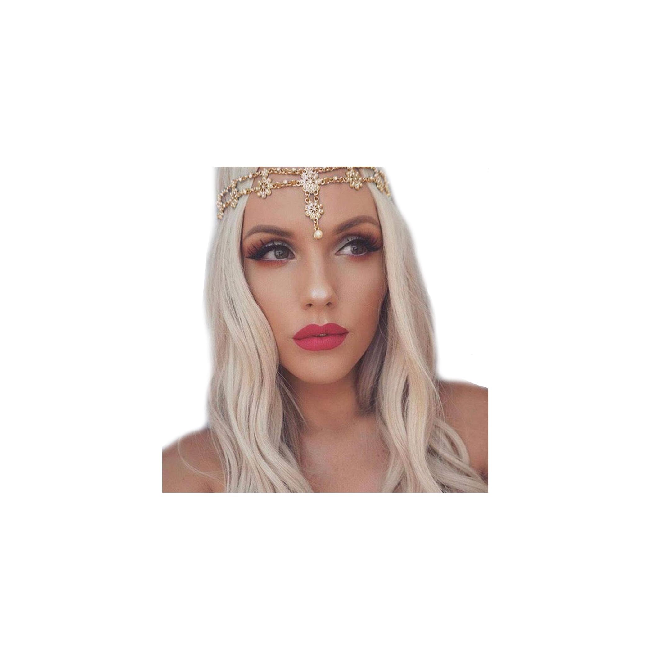 Aceorna gold headband front view showing floral design and bridal sparkle