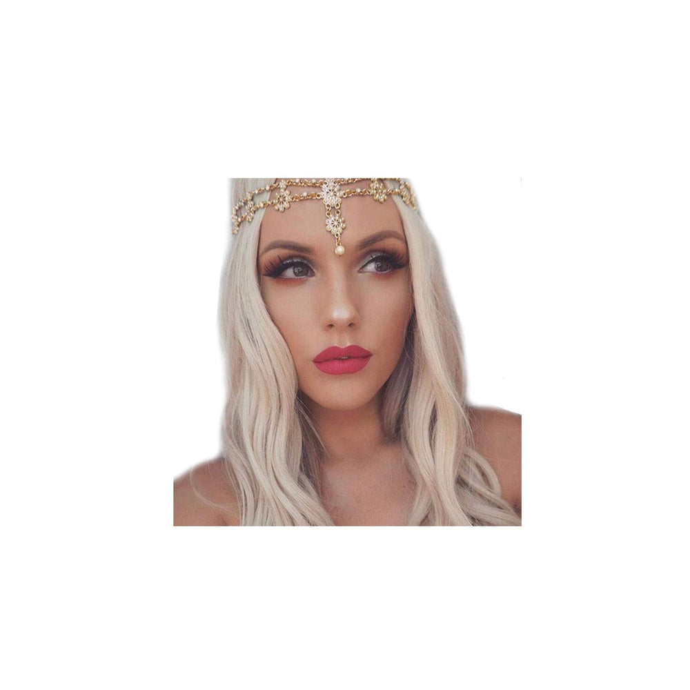 Aceorna gold headband front view showing floral design and bridal sparkle