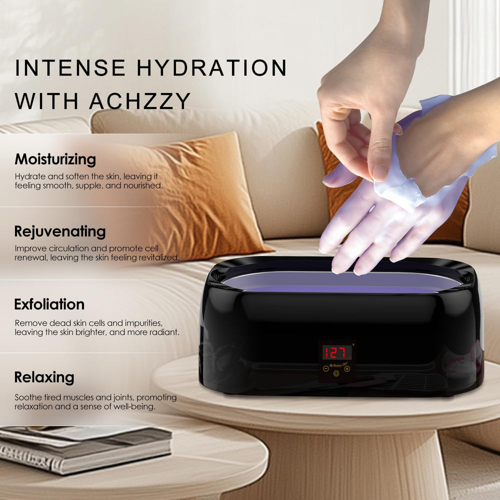 Achzzy hand dipping into wax illustrating easy at-home paraffin therapy and hydration