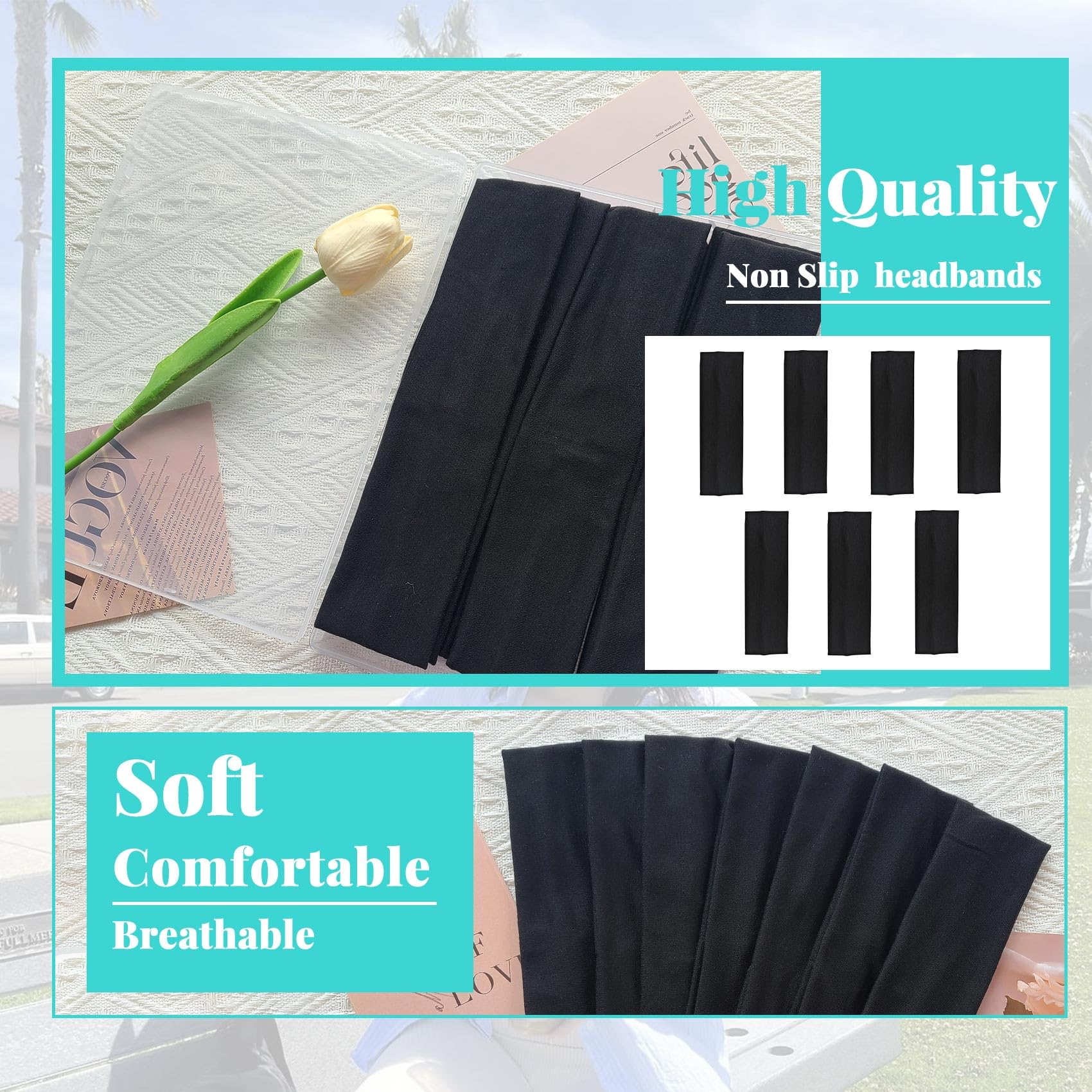 Aclovcy flat lay of seven black headbands highlighting daily replacement convenience and value