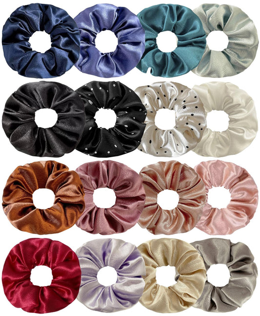 Aclovcy front view of 16 satin scrunchies showing color variety and durable design