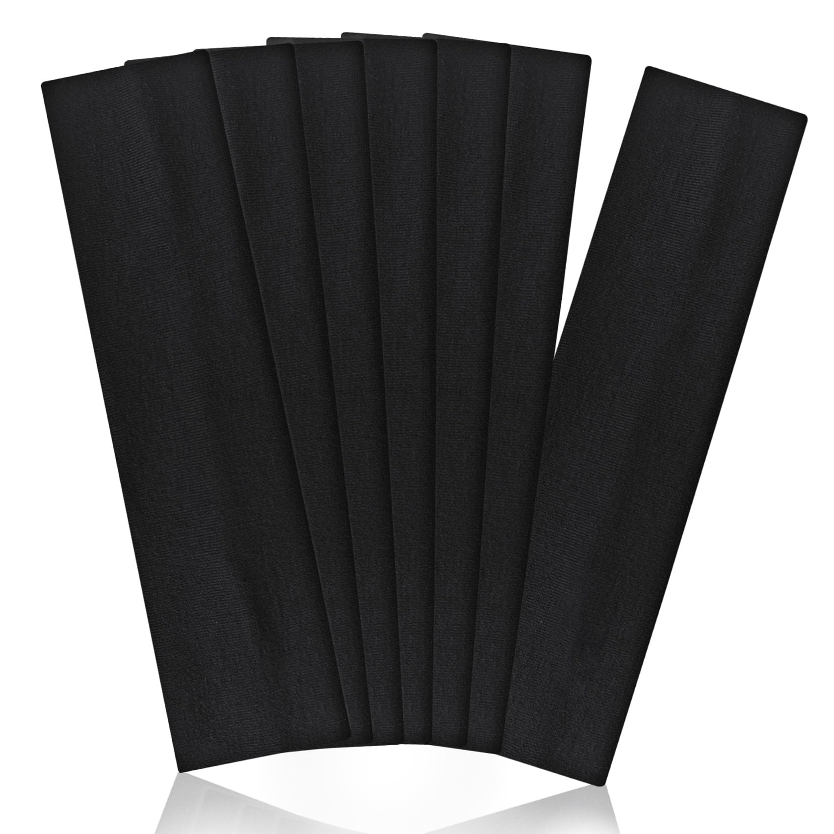 Aclovcy front view of seven black headbands showing neat stack and packaging benefit: organized storage