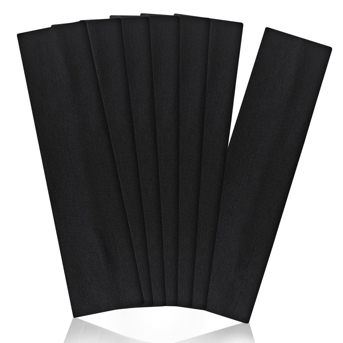 Aclovcy front view of seven black headbands showing neat stack and packaging benefit: organized storage