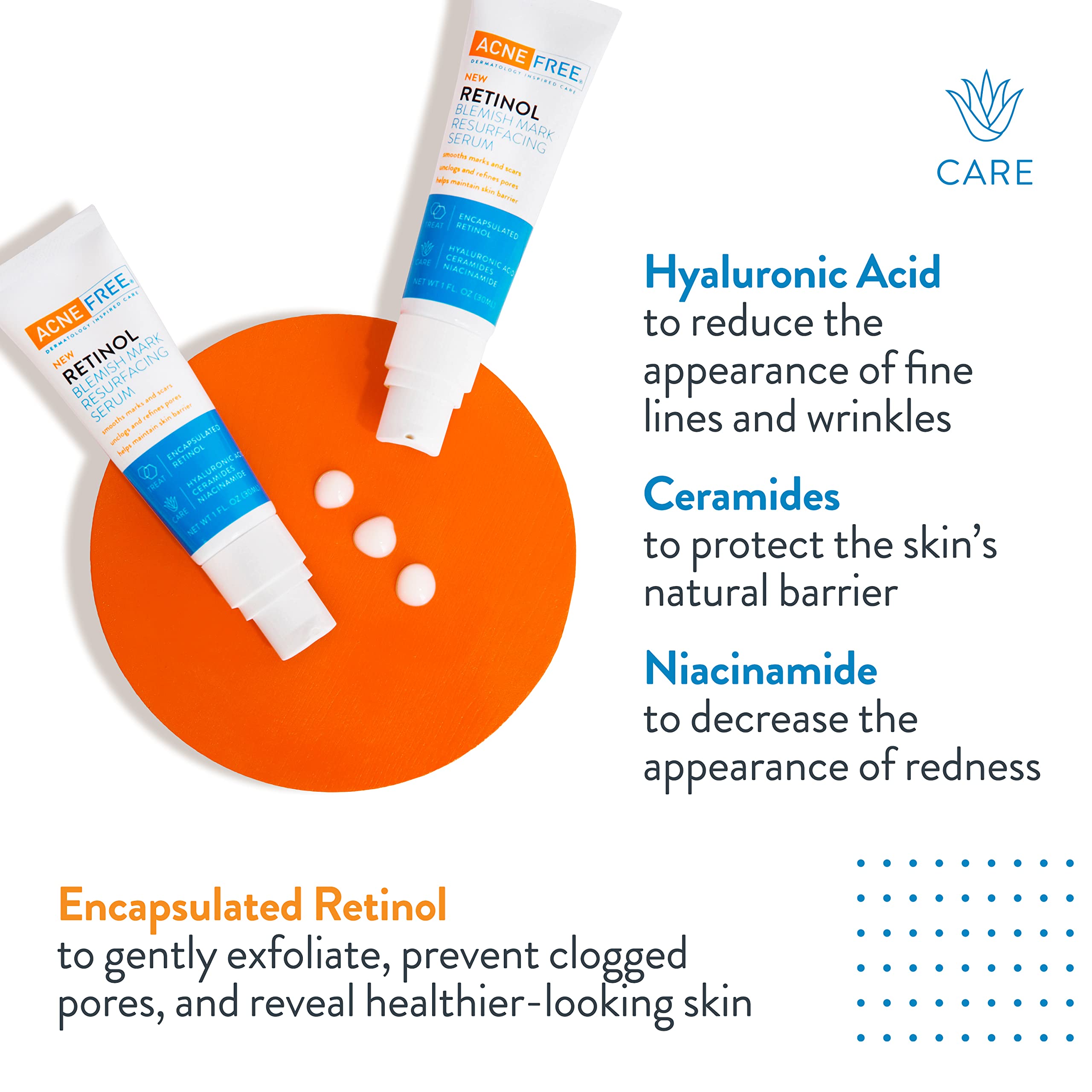 AcneFree close-up label highlighting retinol, hyaluronic acid and niacinamide benefits
