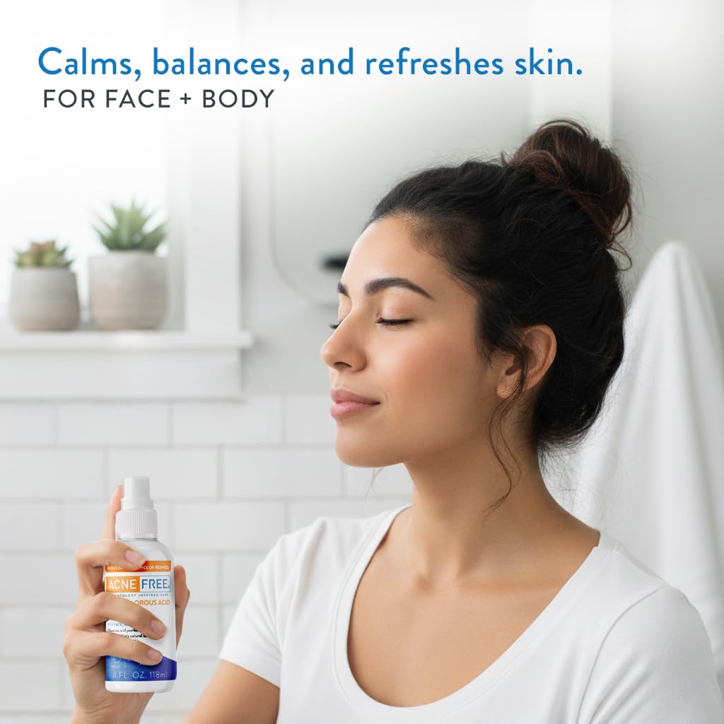 AcneFree mist applied to model cheek calming sensitive skin