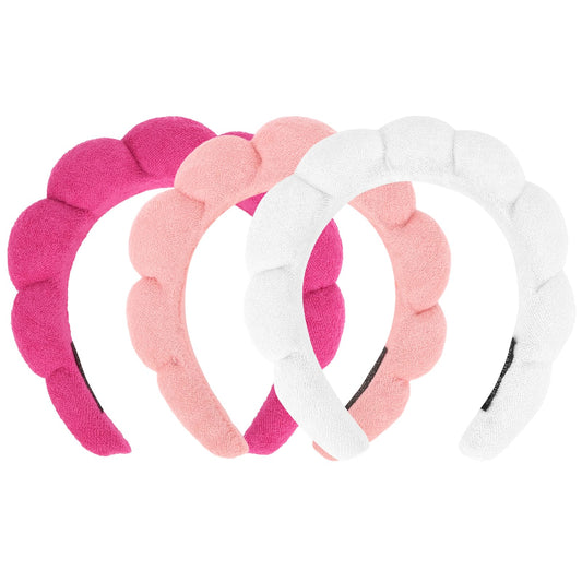 ACO-UINT front view of three spa headbands showing colors and packaging, neat storage benefit
