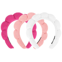 ACO-UINT front view of three spa headbands showing colors and packaging, neat storage benefit