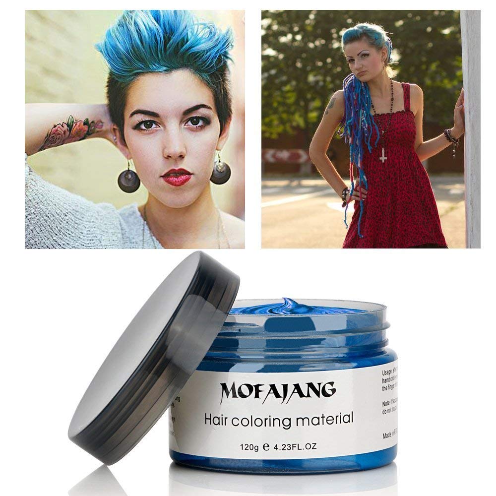 Fingers applying Acosexy blue wax to hair, showing fast color and hold