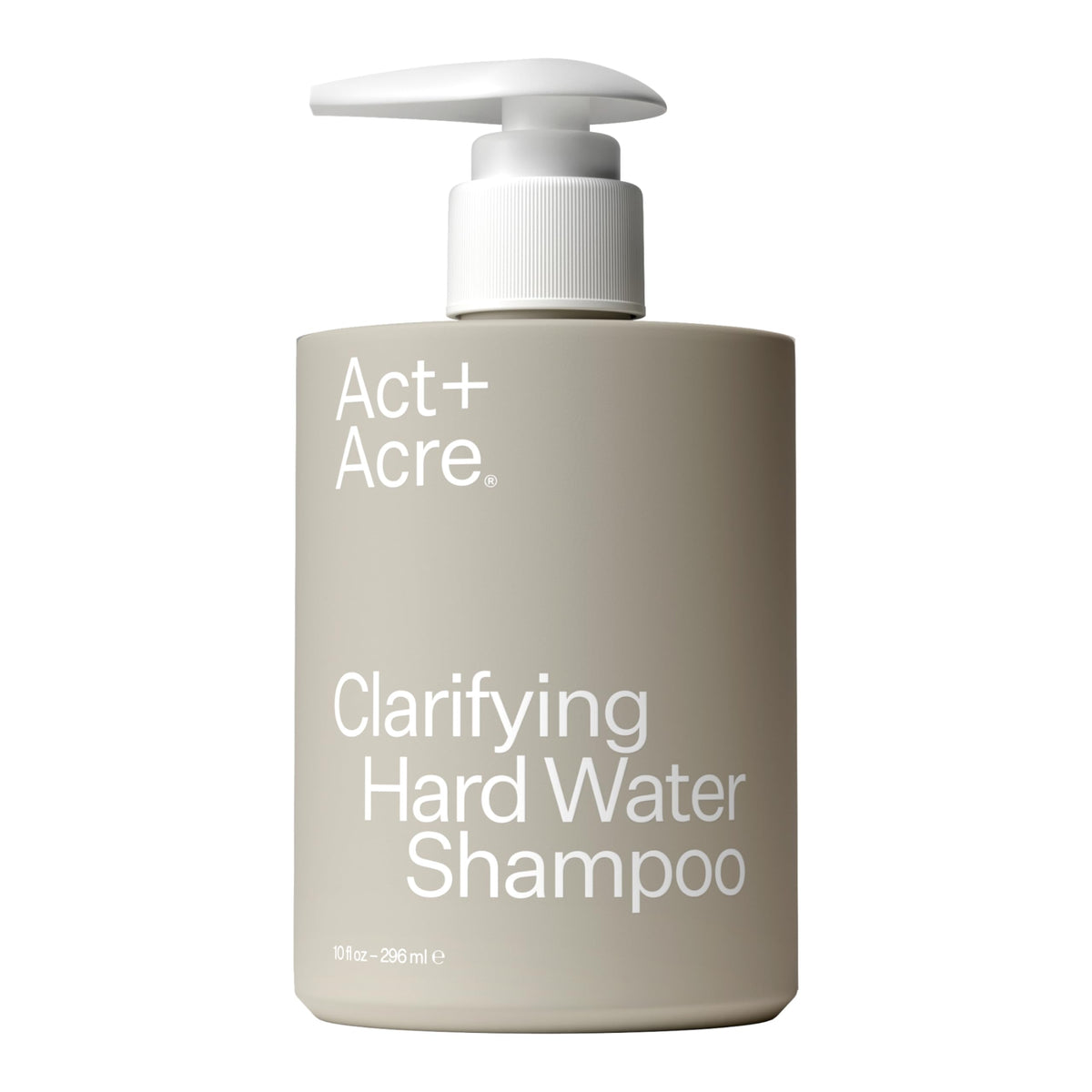 ACT+ ACRE front bottle showing clarifying hard water shampoo for clean hair