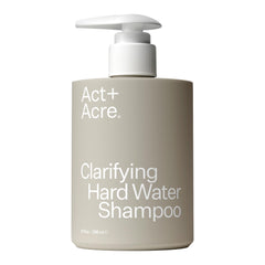 ACT+ ACRE front bottle showing clarifying hard water shampoo for clean hair
