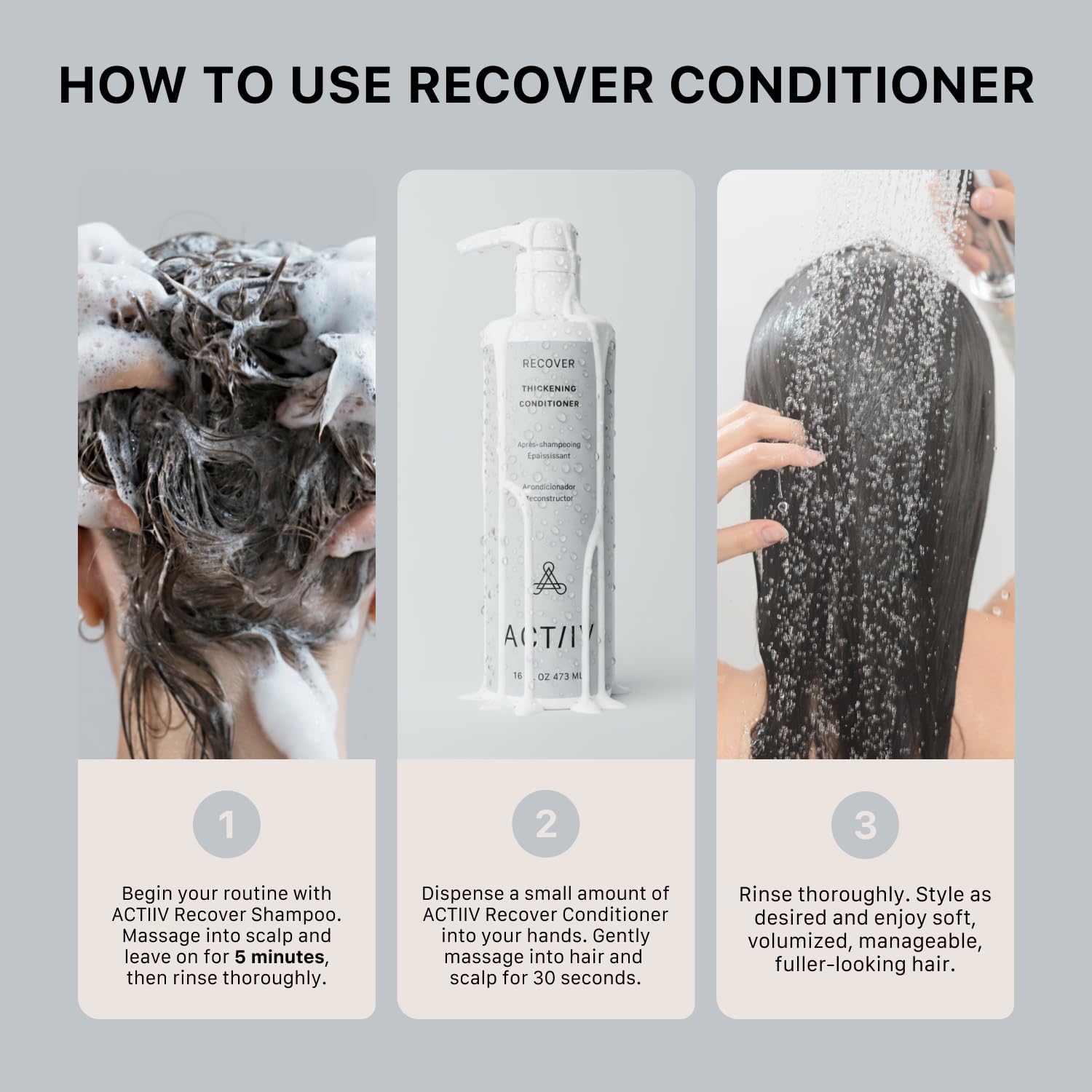 ACTIIV conditioner in hand to show 16 oz size and travel readiness benefit