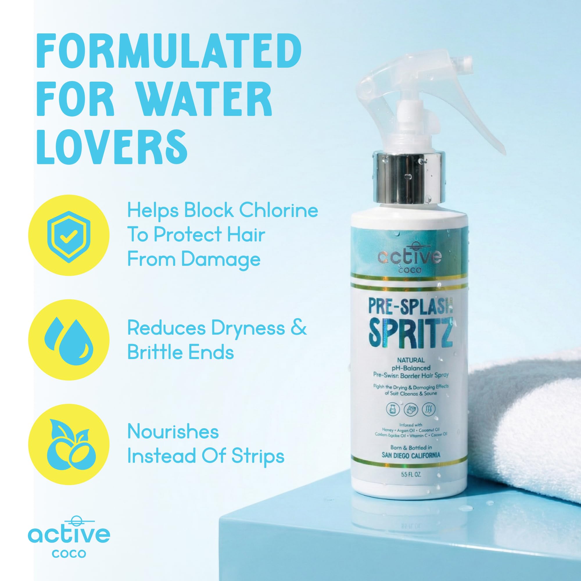 Active COCO fine spray mist close-up protecting hair before swim