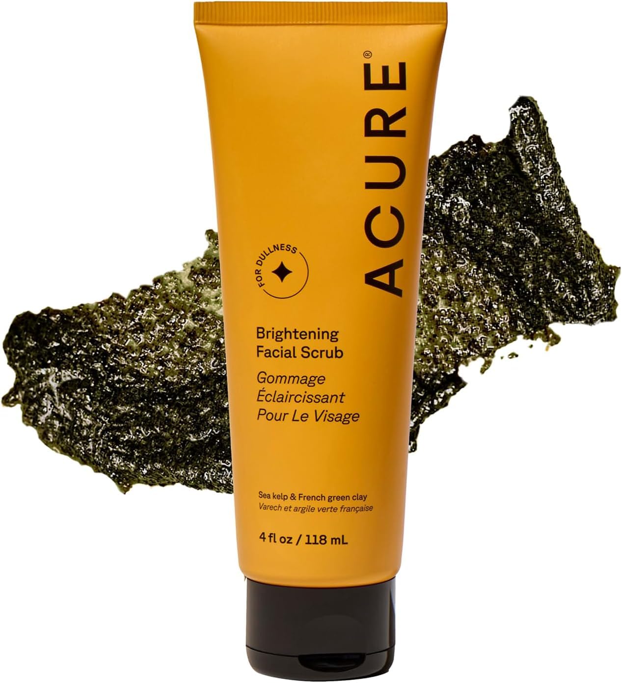 Acure brightening facial scrub front tube showing product name and branding for clarity