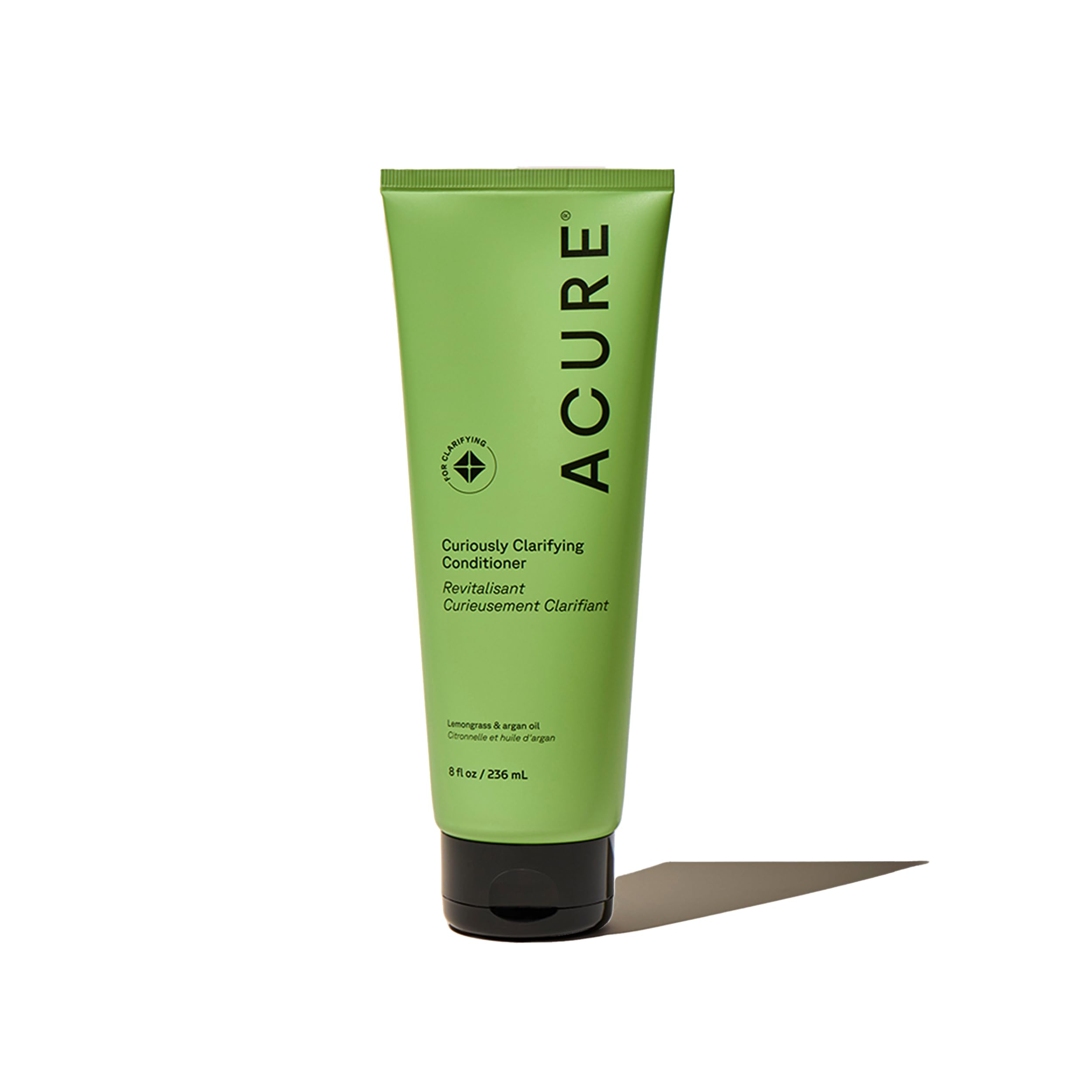 Acure bottle front view showing product and benefit of lightweight clarifying action
