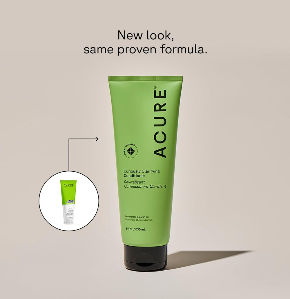 Acure label and pump close-up highlighting ingredients and easy dispensing benefit