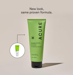 Acure label and pump close-up highlighting ingredients and easy dispensing benefit