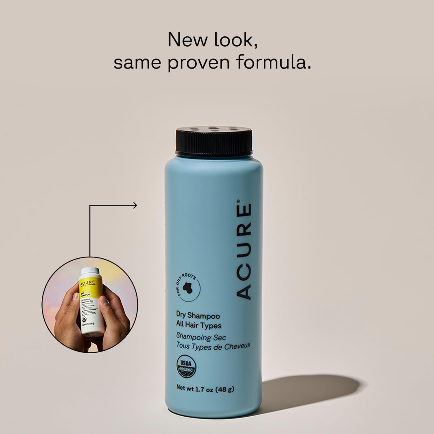 Acure dry shampoo powder close-up texture demonstrating oil-absorbing performance