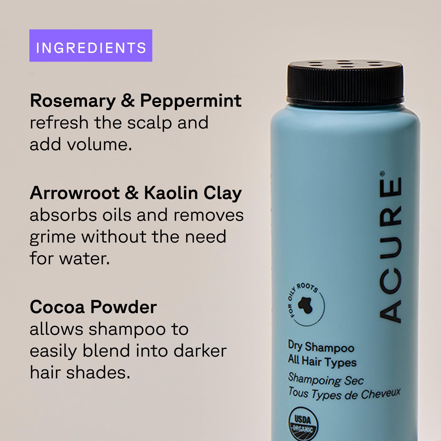 Acure dry shampoo beside passport highlighting compact travel-friendly convenience