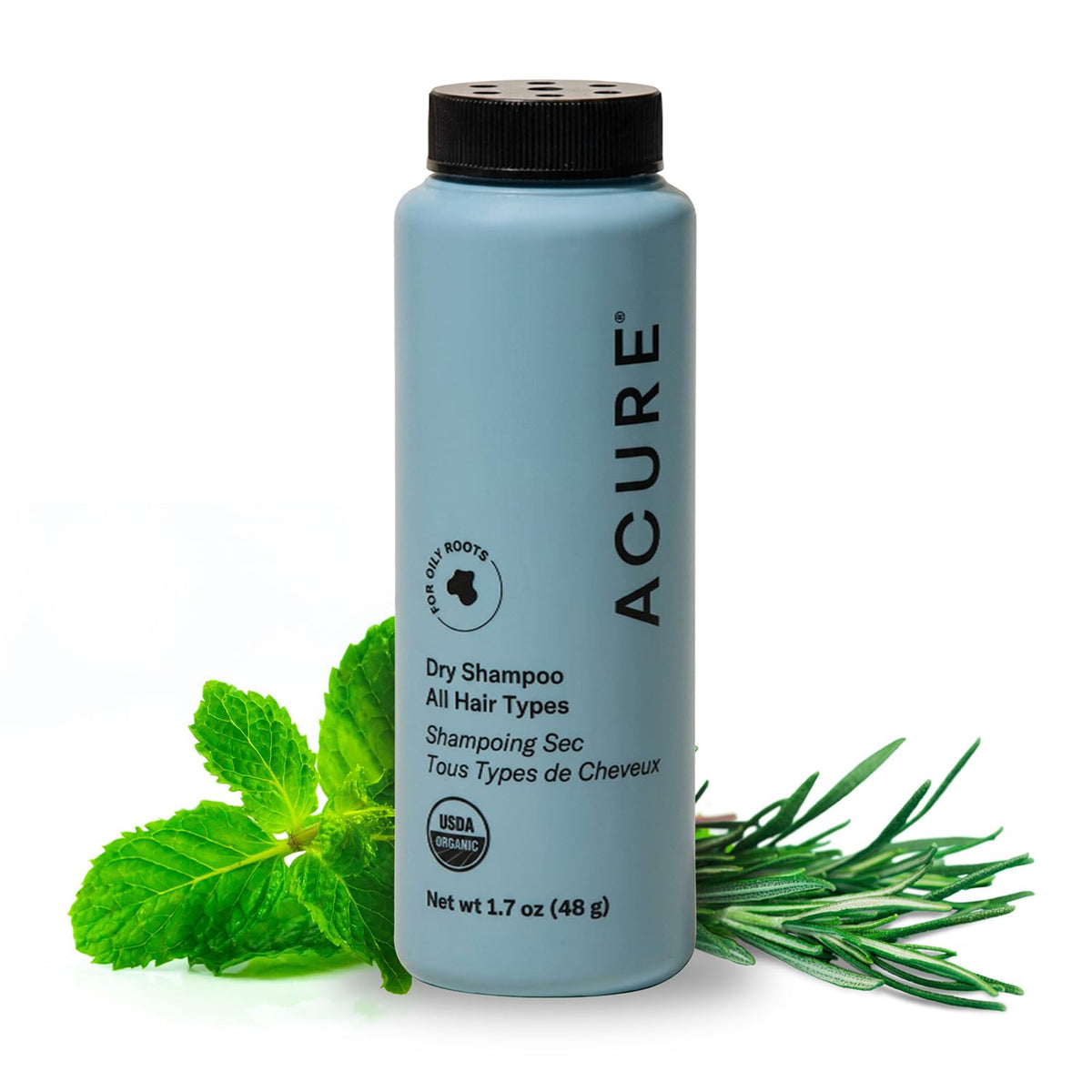 Acure mini dry shampoo front jar showing travel-ready design and instant refresh