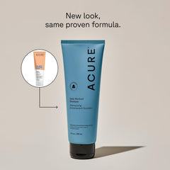 Acure shampoo label close-up highlighting ingredients and clean formulation benefits