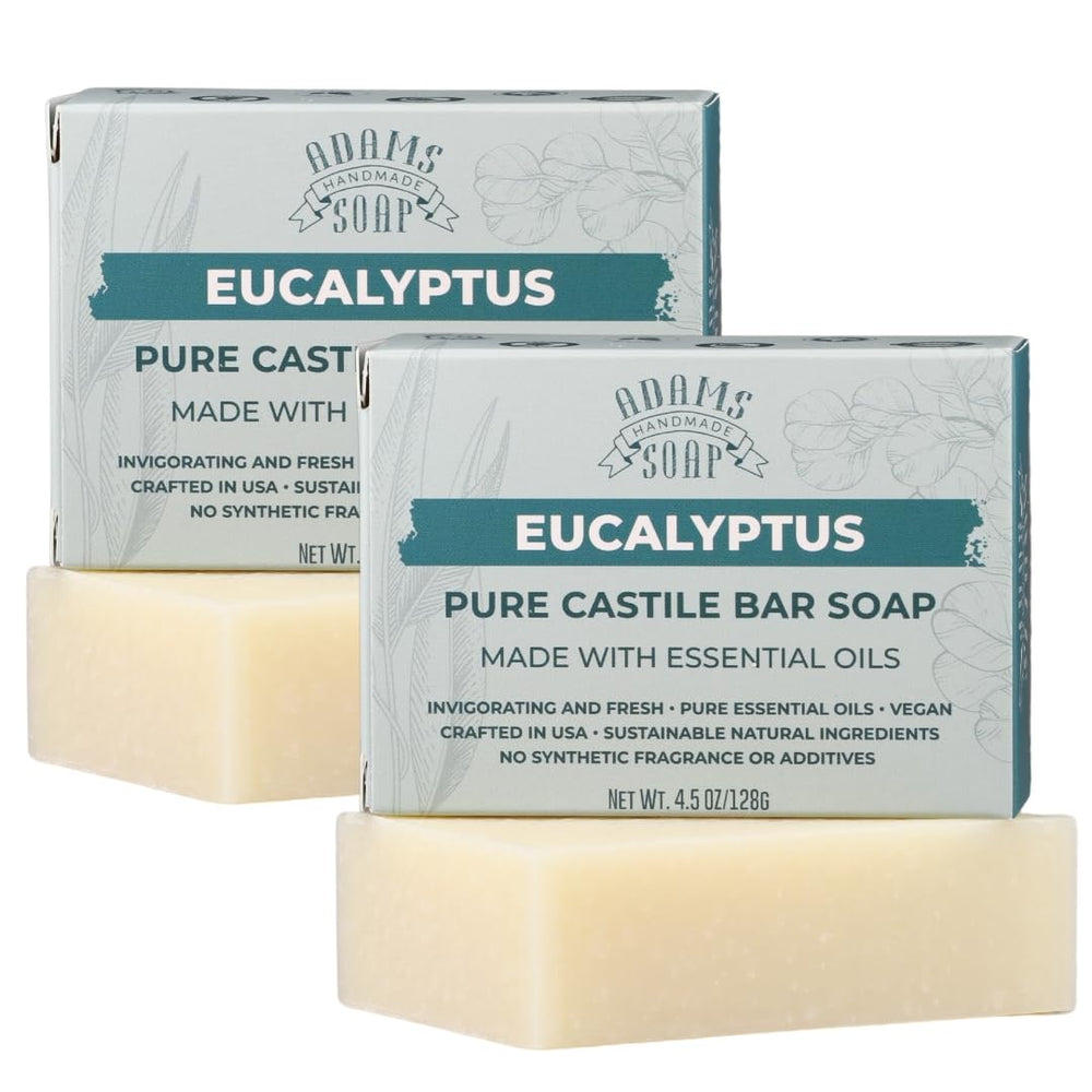 Adams Handmade Soap front packaging showing eucalyptus bar and label benefits