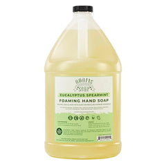 Adams Handmade Soap one-gallon front jug showing eucalyptus spearmint label and easy refill benefit