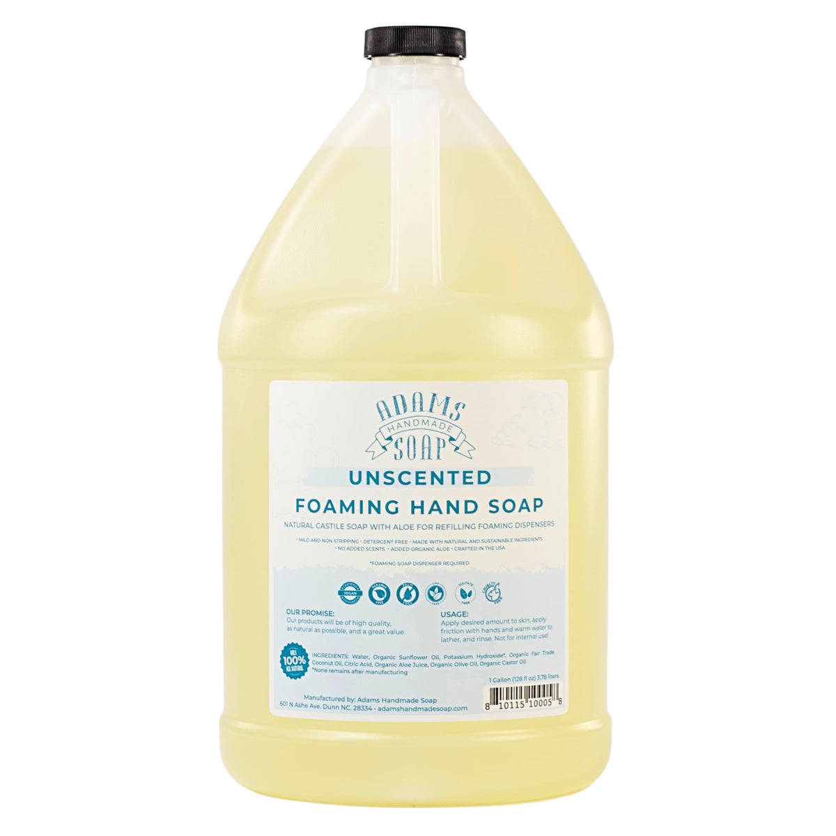 Adams Handmade Soap front label on gallon showing unscented refill benefits