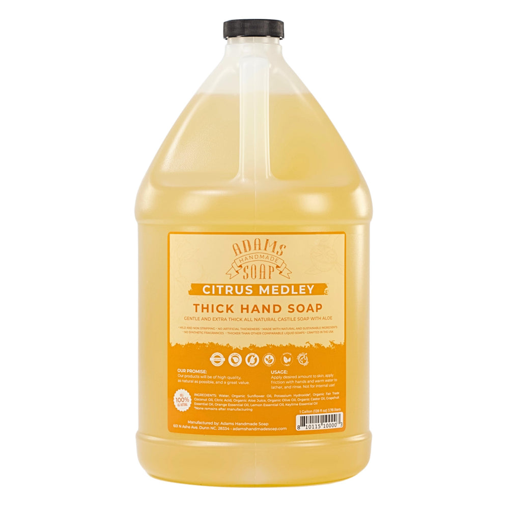 Adams Handmade Soap gallon front label showing Citrus Medley and eco benefits