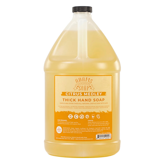 Adams Handmade Soap gallon front label showing Citrus Medley and eco benefits